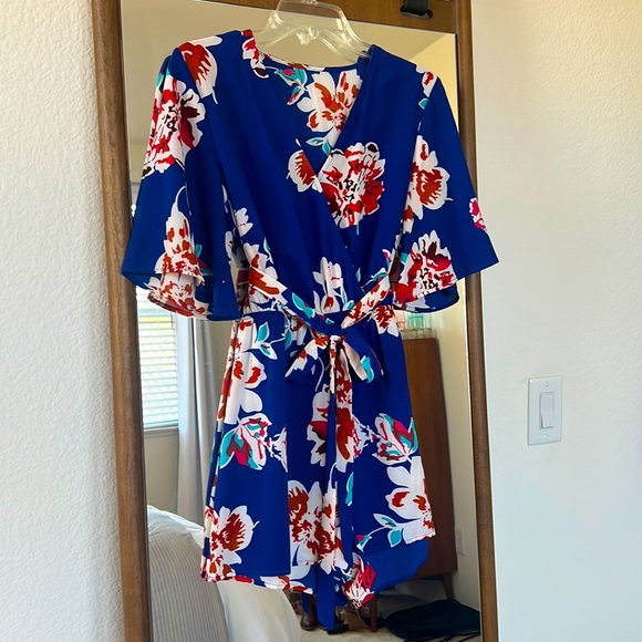 Blue with Red Orange Hawaiian Floral Print Romper Jumpsuit - Picture 1 of 3